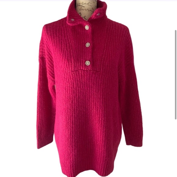 NWT $108 Express Oversized Wool Blend Embellished Snap Tunic Sweater Fuchsia XS - Picture 3 of 10